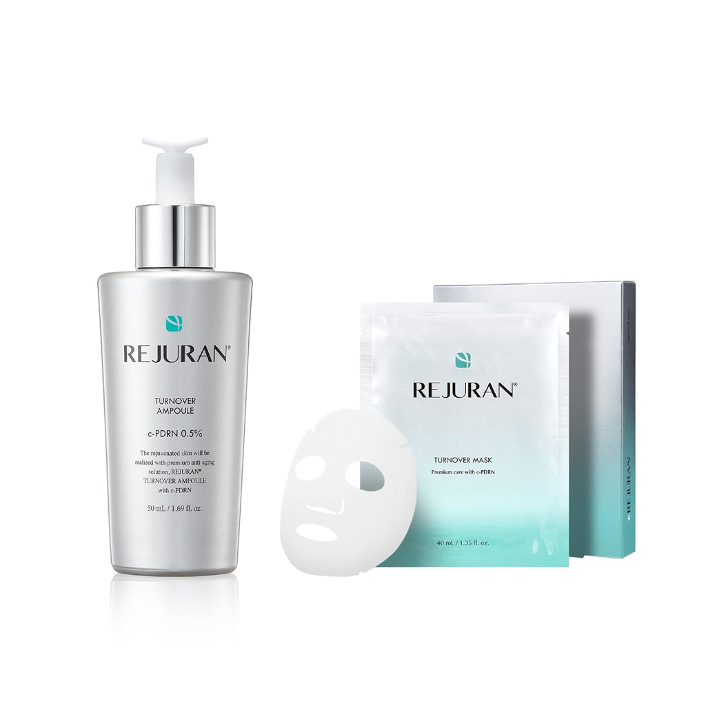 REJURAN® Turnover Skincare Set with c-PDRN® – Salmon DNA Face Serum & Sheet Mask Duo for Firming, Hydrating, and Radiant Glass Skin – Korean Anti-Aging Ampoule & Mask (1.69 fl oz + 5 Masks)