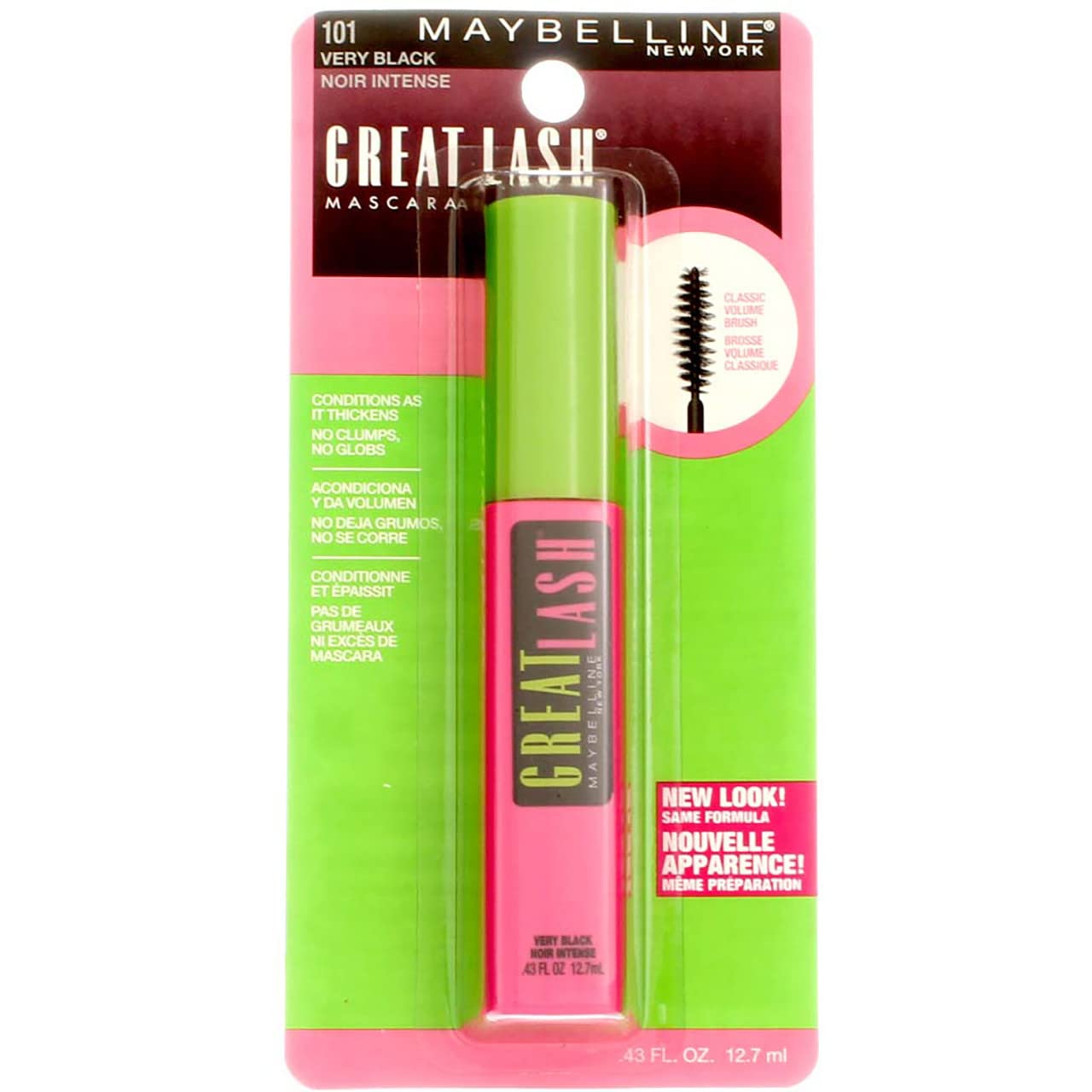 Maybelline Great Lash Washable Mascara Makeup, Volumizing Lash-Doubling Formula That Conditions As It Thickens, Blackest Black, 1 Count