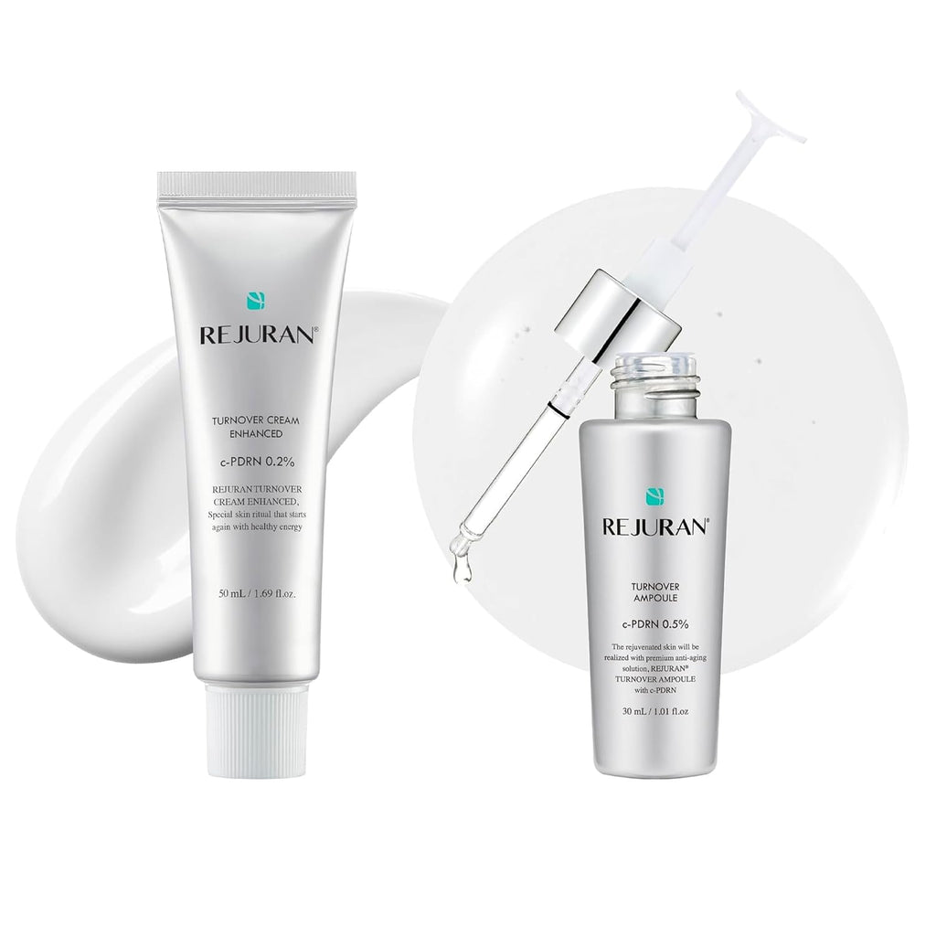 REJURAN® Turnover Skincare Bundle – Turnover Cream Enhanced (1.69 fl oz) + Turnover Ampoule (1.01 fl oz) – Salmon DNA c-PDRN® Face Serum & Moisturizer Set for Regeneration, Collagen, Firming, Glow