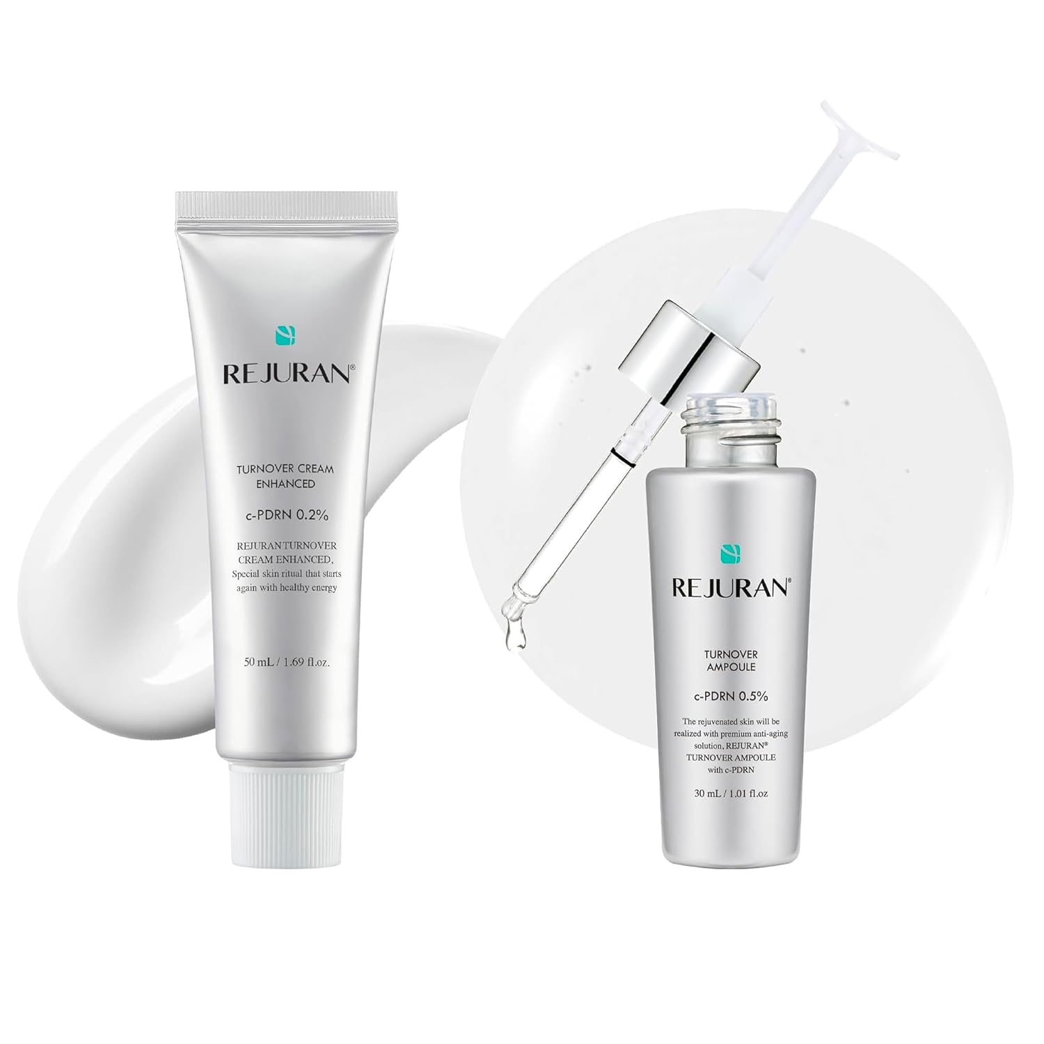 REJURAN® Turnover Skincare Bundle – Turnover Cream Enhanced (1.69 fl oz) + Turnover Ampoule (1.01 fl oz) – Salmon DNA c-PDRN® Face Serum & Moisturizer Set for Regeneration, Collagen, Firming, Glow