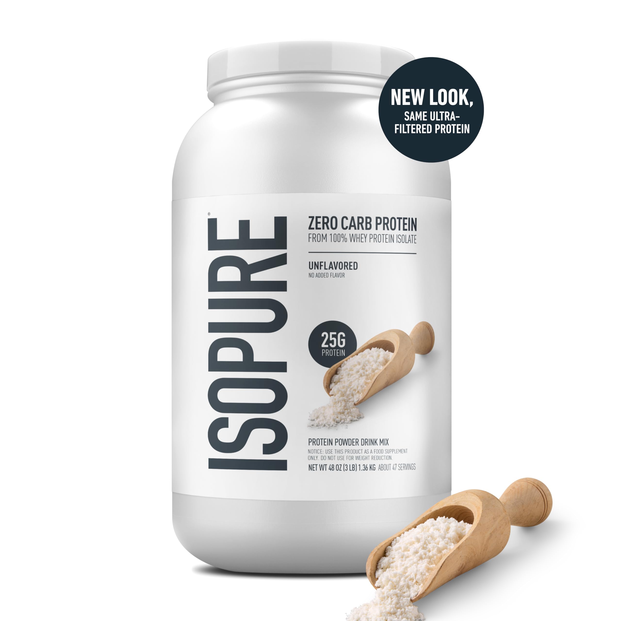 Isopure Zero Carb 100% Pure Whey Isolate Protein Powder, Lactose Free, Gluten Free, with Vitamins, Unflavored, 25g Protein Per Serving, 1 Lb, 16 Servings (Packaging May Vary)