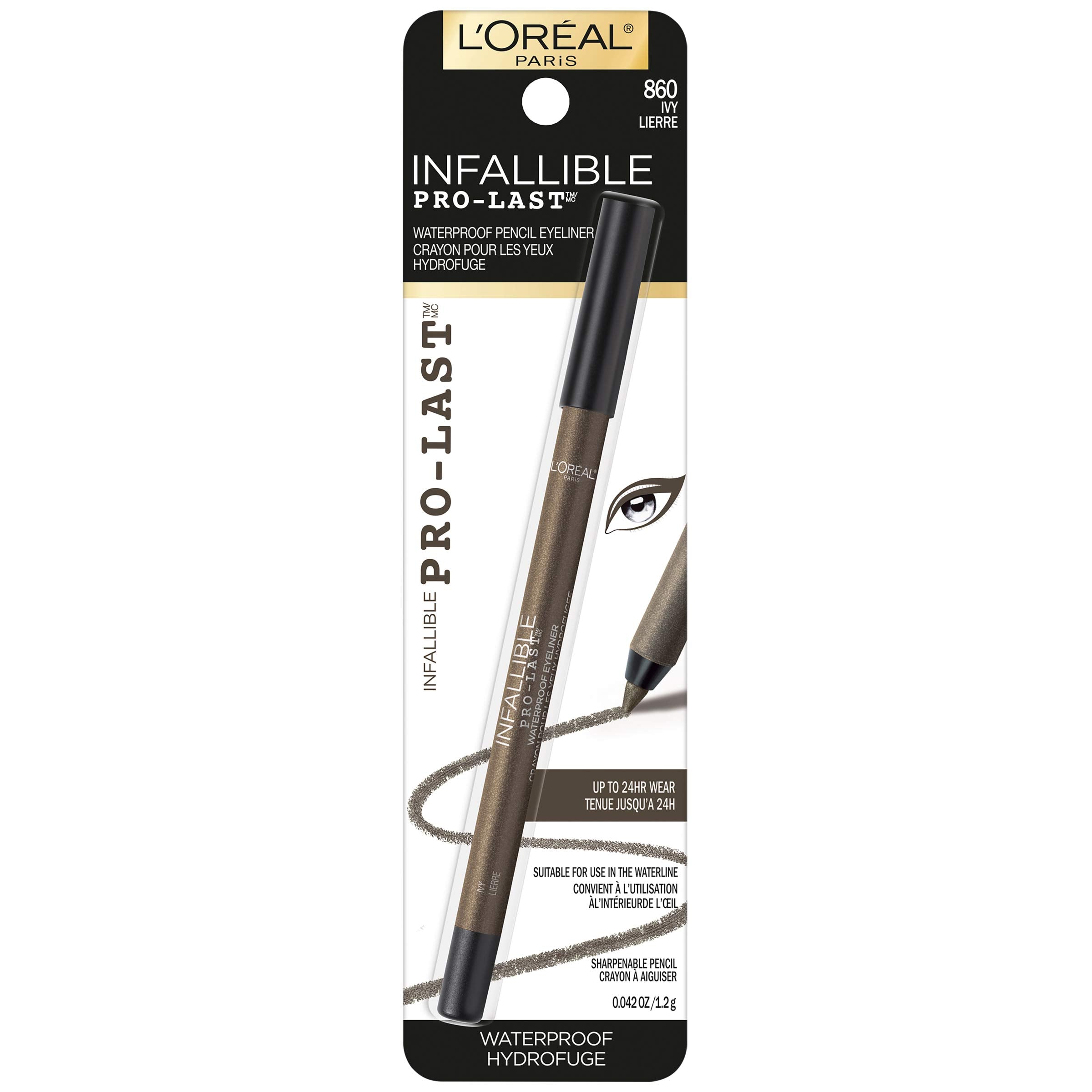 L'Oreal Paris Makeup Infallible Pro-Last Pencil Eyeliner, Waterproof and Smudge-Resistant, Glides on Easily to Create any Look, Black, 0.042 oz., 1 Count