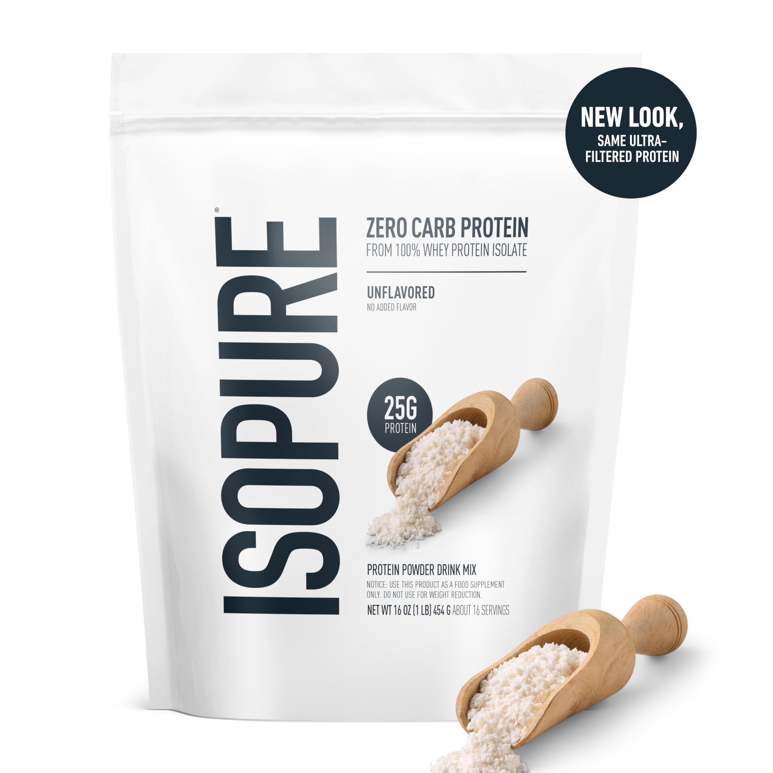 Isopure Zero Carb 100% Pure Whey Isolate Protein Powder, Lactose Free, Gluten Free, with Vitamins, Unflavored, 25g Protein Per Serving, 1 Lb, 16 Servings (Packaging May Vary)