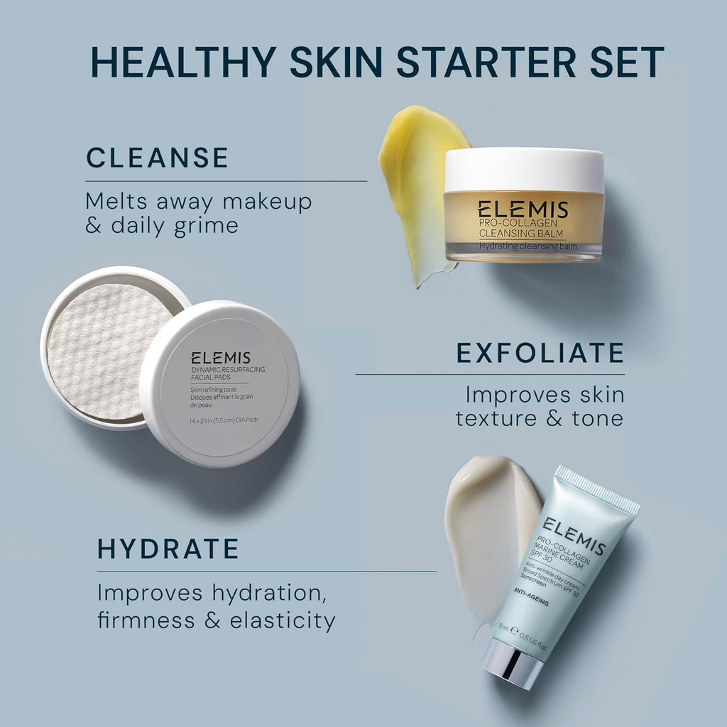 ELEMIS Healthy Skin Exclusive Travel Set | Pro-Collagen Cleansing Balm Mini, Marine Cream SPF 30 Mini & Dynamic Resurfacing Pads | Anti-Aging Hydrating Skincare Travel Kit
