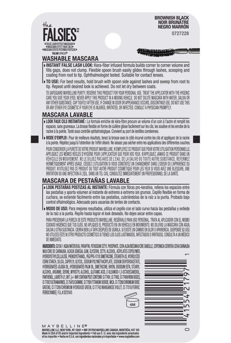 Maybelline Volum' Express The Falsies Washable Fiber Mascara, Volumizing and Separating Make Up Formula, Very Black, 1 Count