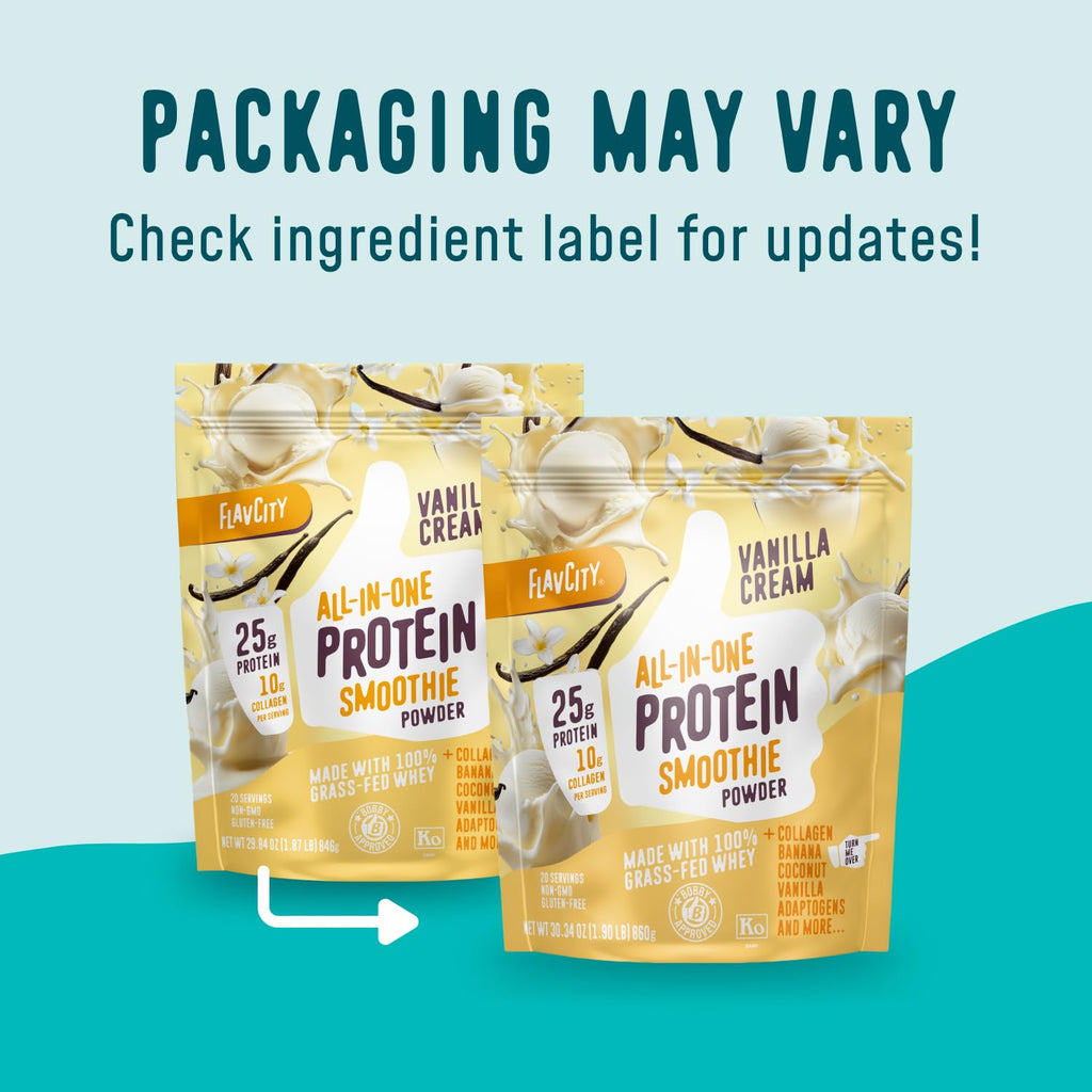 FlavCity Grass Fed Whey Protein Powder - Vanilla Smoothie - 25g Protein & 10g Collagen - Made with Real Vanilla Bean & Organic Coconut Milk - Gluten Free & No Added Sugars (20 Servings)