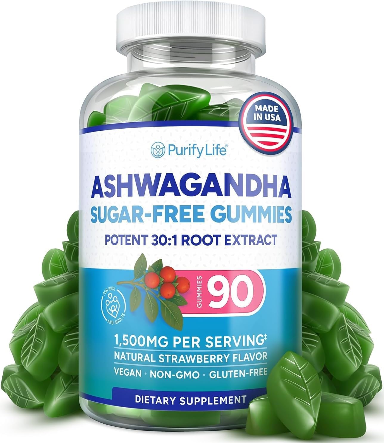 Sugar-Free Ashwagandha Gummies for Stress, Sleep & Mood Support - High-Potency 30:1 Ashwagandha Supplement Extract - Vegan Adaptogen Supplement for Women & Men, Natural Flavor, Plant-Based, 90 Gummies