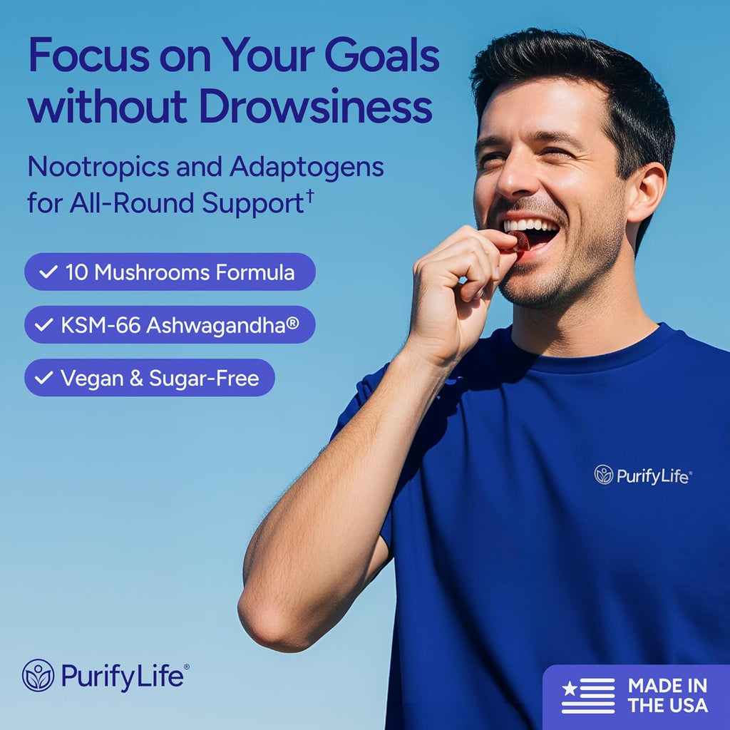 Sugar-Free Mushroom Complex Gummies - Potent 10x Mushroom Supplement with Lions Mane, Chaga, Reishi, Cordyceps Natural Stress Support, Calm Gummies, Nootropic Supplement, No Sugar or Pills