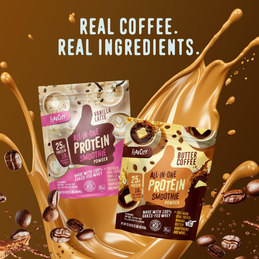 FlavCity Grass Fed Whey Protein Powder - Vanilla Smoothie - 25g Protein & 10g Collagen - Made with Real Vanilla Bean & Organic Coconut Milk - Gluten Free & No Added Sugars (20 Servings)