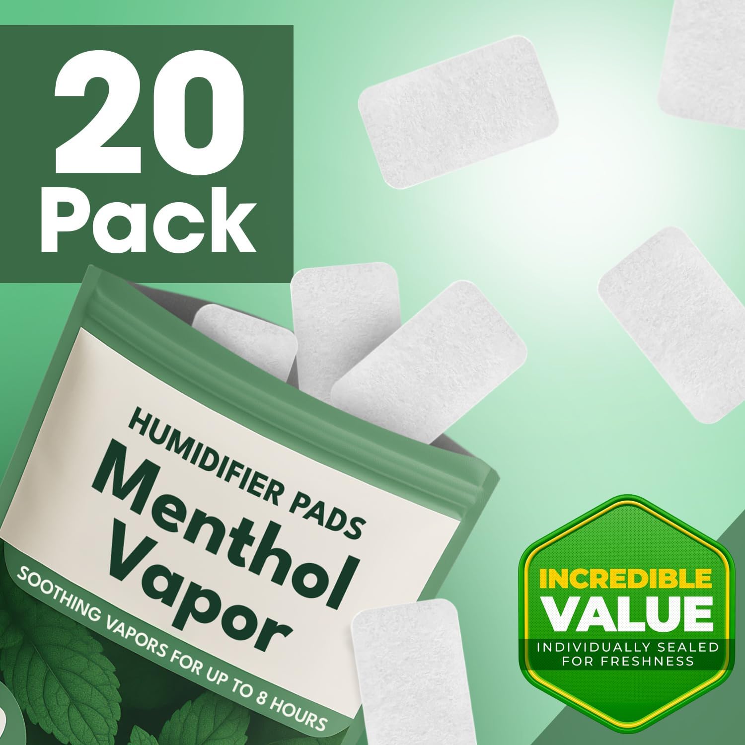 20 Pack Menthol Eucalyptus Humidifier Pads - Soothing Vapor Pad Refills for Congestion Relief on all Vks, Crane, More - Vapopads Replacement, Natural Waterless Vaporizers Pads, Cold/Flu Symptom Relief