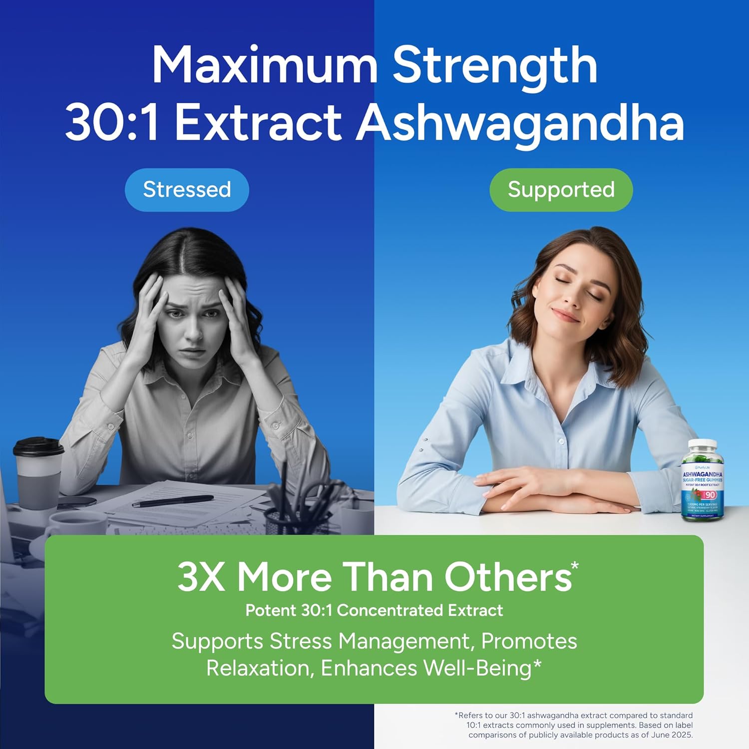 Sugar-Free Ashwagandha Gummies for Stress, Sleep & Mood Support - High-Potency 30:1 Ashwagandha Supplement Extract - Vegan Adaptogen Supplement for Women & Men, Natural Flavor, Plant-Based, 90 Gummies