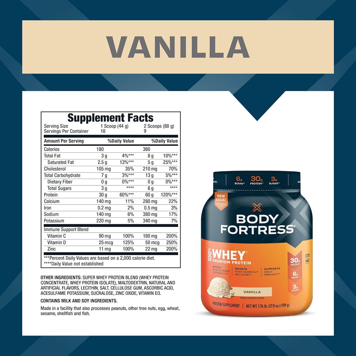 Body Fortress Super Advanced Whey Protein Powder, Chocolate, Immune Support (1), Vitamins C & D Plus Zinc, 3.9 lbs.