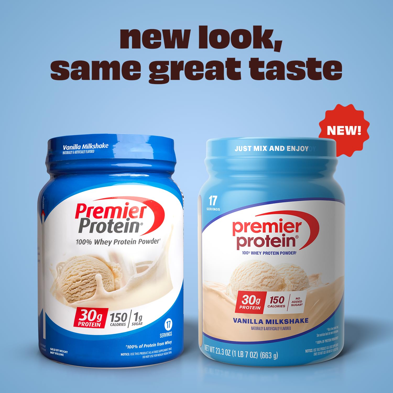 Premier Protein Powder, Vanilla Milkshake, 30g Protein, 1g Sugar, 100% Whey Protein, Keto Friendly, No Soy, Gluten Free, 23.3 oz, 17 Servings (Packaging May Vary)