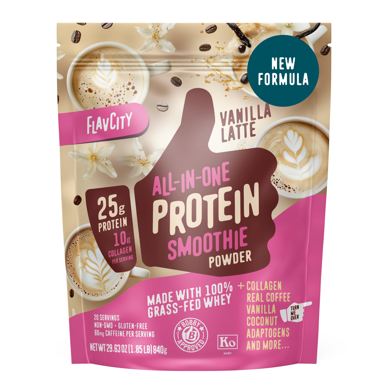FlavCity Grass Fed Whey Protein Powder - Vanilla Smoothie - 25g Protein & 10g Collagen - Made with Real Vanilla Bean & Organic Coconut Milk - Gluten Free & No Added Sugars (20 Servings)