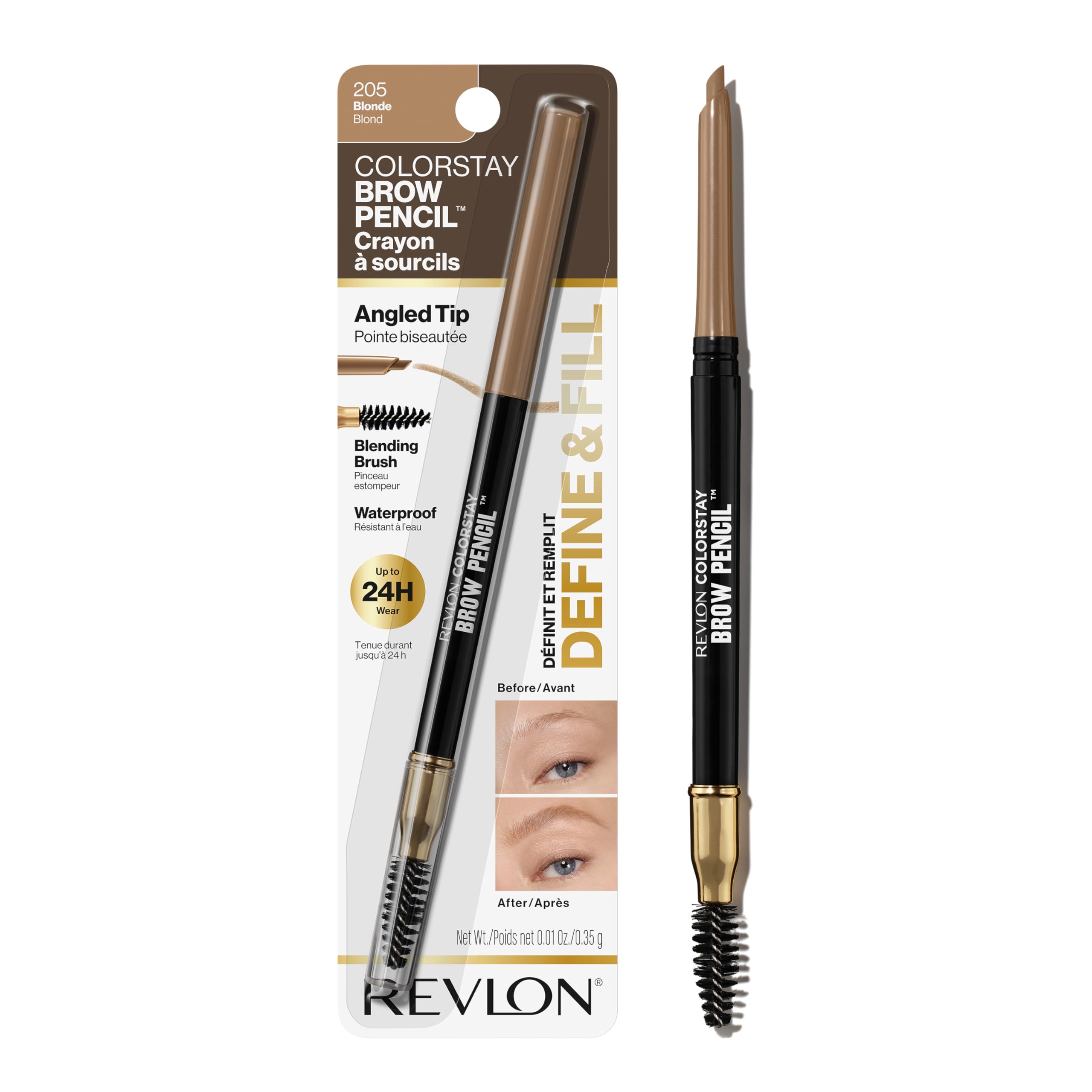 Revlon ColorStay Eyebrow Pencil with Spoolie Brush, Waterproof, Hair-Like Strokes, Stocking Stuffer for Her, 205 Blonde, 0.021 oz