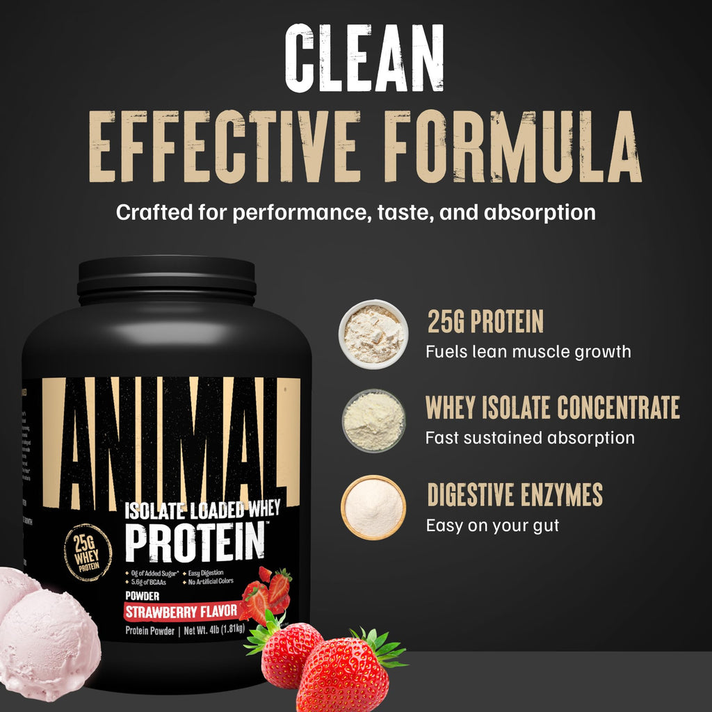 Animal Whey Isolate Protein Powder - Loaded for Pre & Post Workout Muscle Builder and Recovery with Digestive Enzymes for Men & Women - 25g Protein, Great Taste, Low Sugar - Strawberry 4 lbs