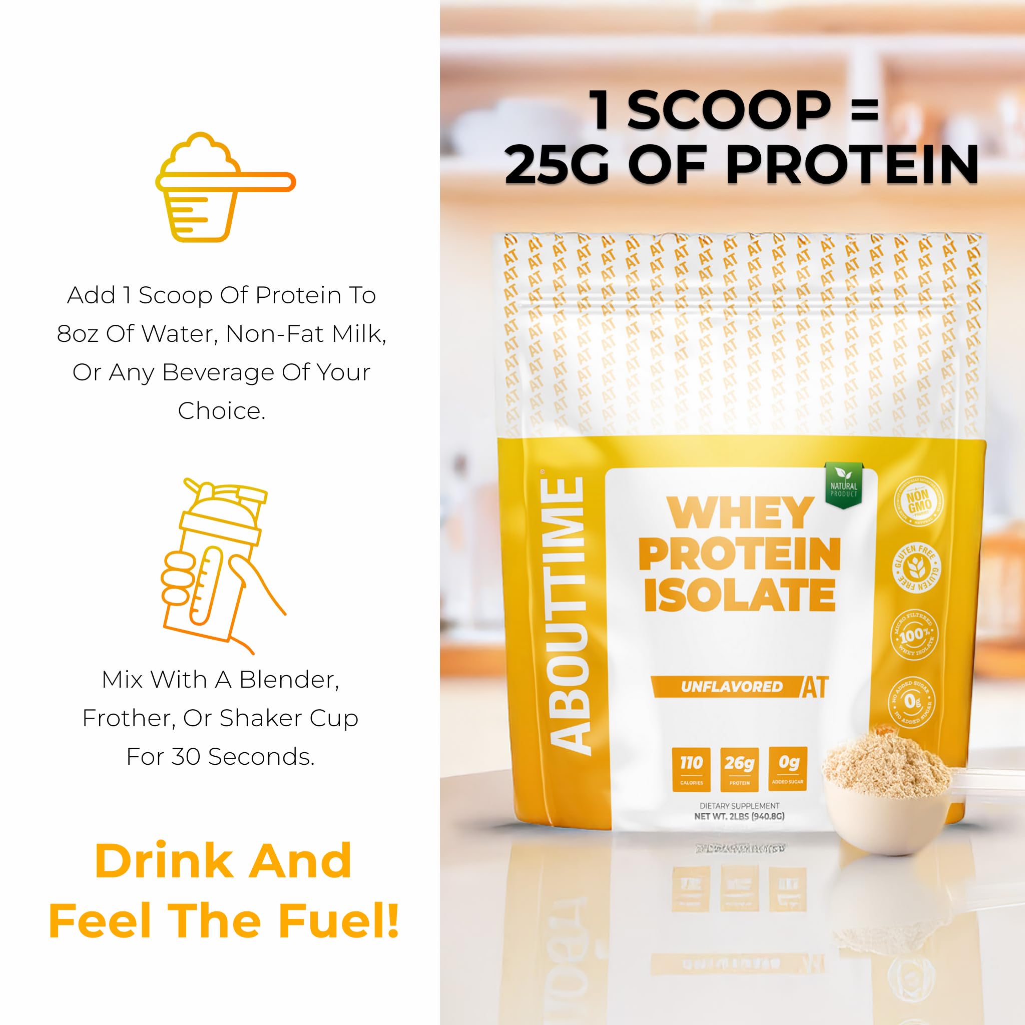 About Time Whey Protein Isolate Powder 25g Vanilla, Natural Ingredients, Non-GMO, Gluten-Free, Lactose-Free, Zero Sugar, Low Carb, 32 Servings