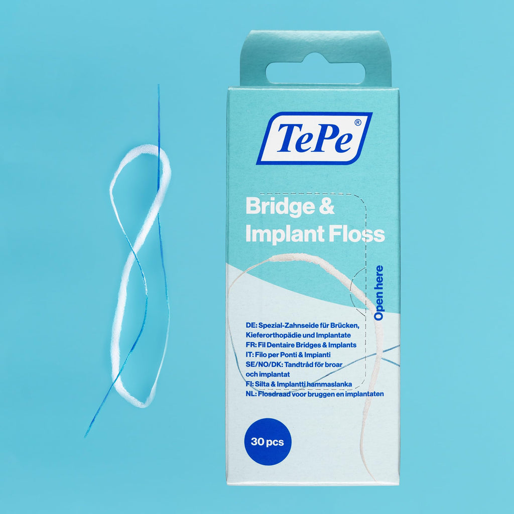 TePe Bridge and Implant Floss for Dental Implants, Bridges, and Braces, Dental Flossers, 30 Pieces