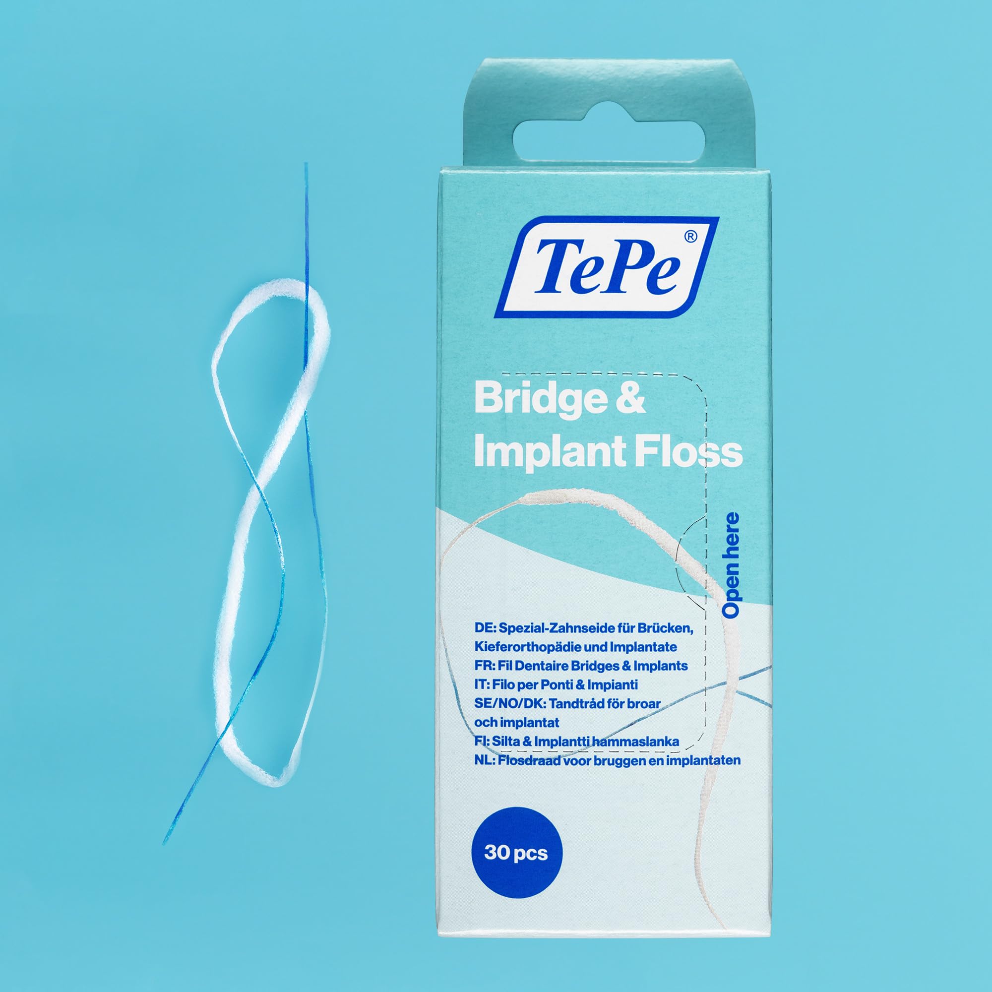 TePe Bridge and Implant Floss for Dental Implants, Bridges, and Braces, Dental Flossers, 30 Pieces