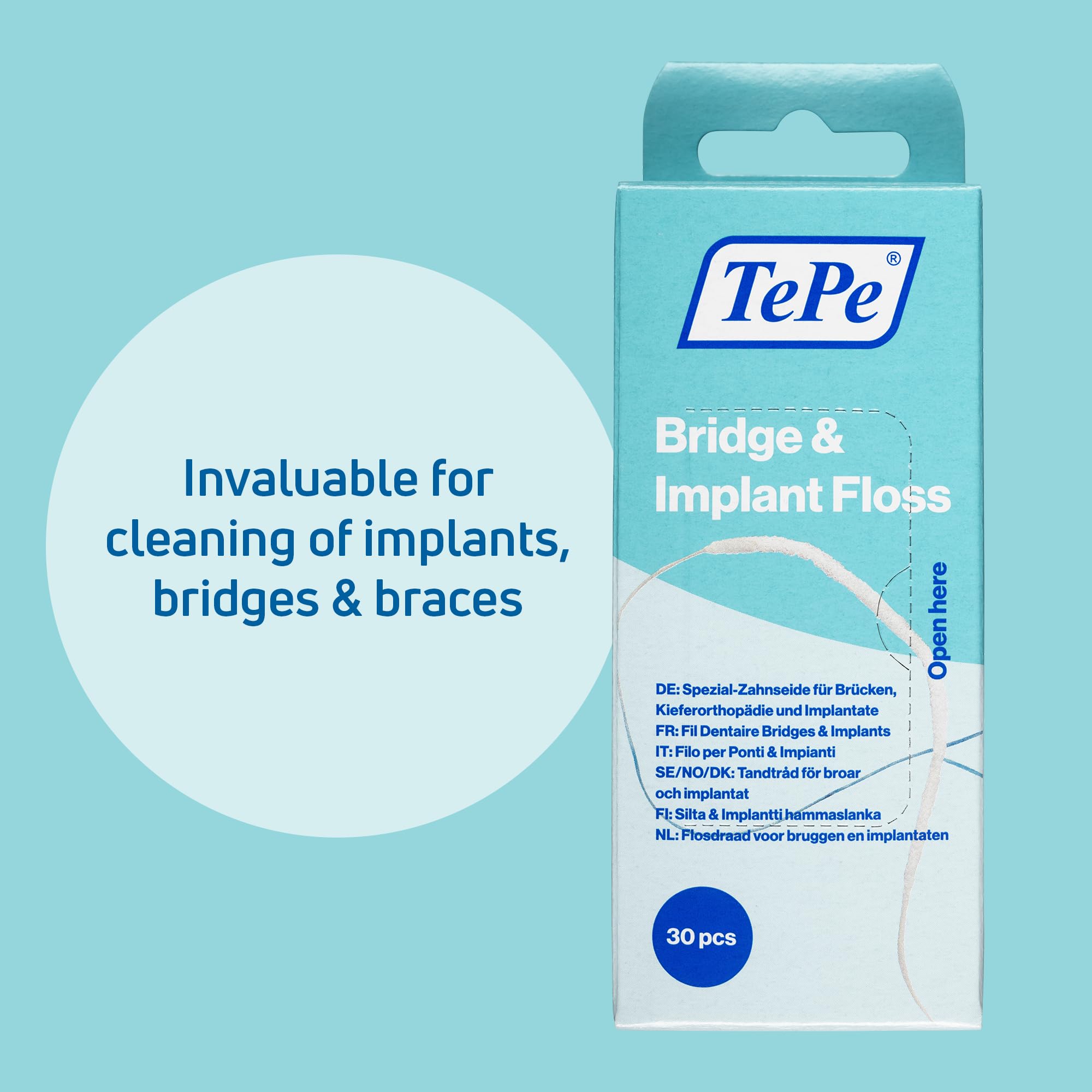 TePe Bridge and Implant Floss for Dental Implants, Bridges, and Braces, Dental Flossers, 30 Pieces