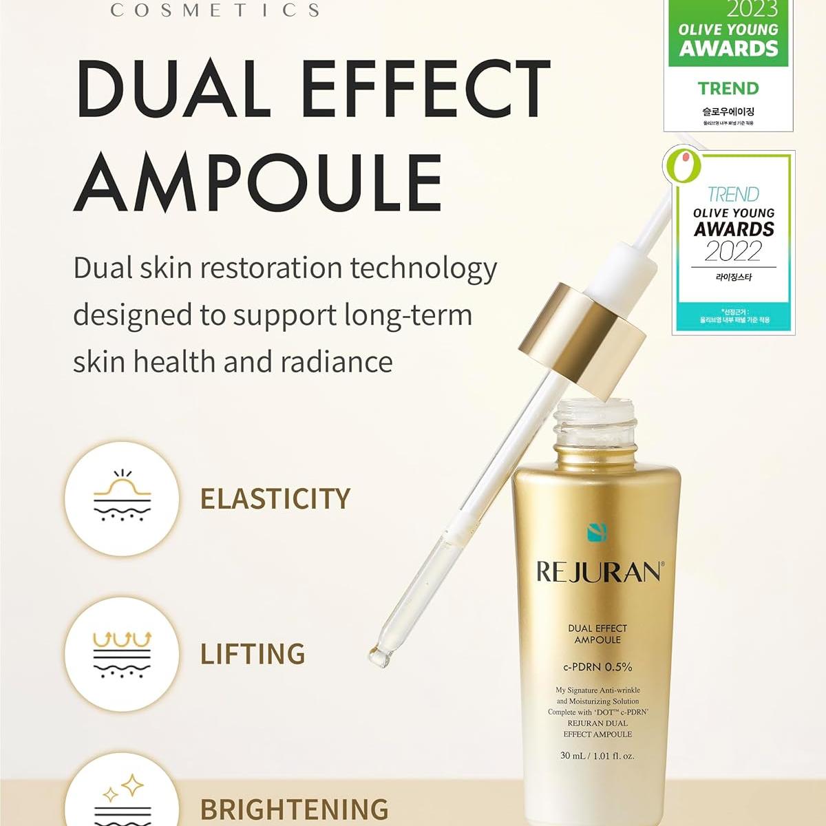 REJURAN® Dual Effect Ampoule Skincare Bundle – Original (1.01 fl oz) + Larger Size (1.69 fl oz) – Salmon DNA DOT DUAL c-PDRN® Face Serum Anti-Aging, Wrinkle Care, Firming, Elasticity Korean Skincare