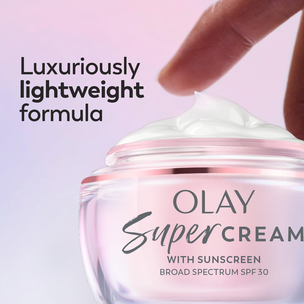 Olay Super Cream with Sunscreen SPF 30, Fragrance Free Lightweight Face Moisturizer with Sun Protection, 5-in-1 Skin Care - Hydrating, Brightening, Firming - Niacinamide, Vitamin C, Collagen, 1.7 oz