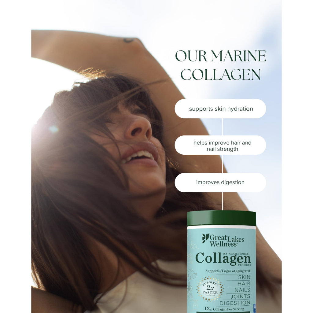 Great Lakes Wellness Sustainable Marine Collagen Peptides Powder for Skin, Hair, Nails, Joints & Digestion - Unflavored - Quick Dissolve Hydrolyzed, Wild Caught, MSC Certified, Non-GMO, Kosher - 8 oz