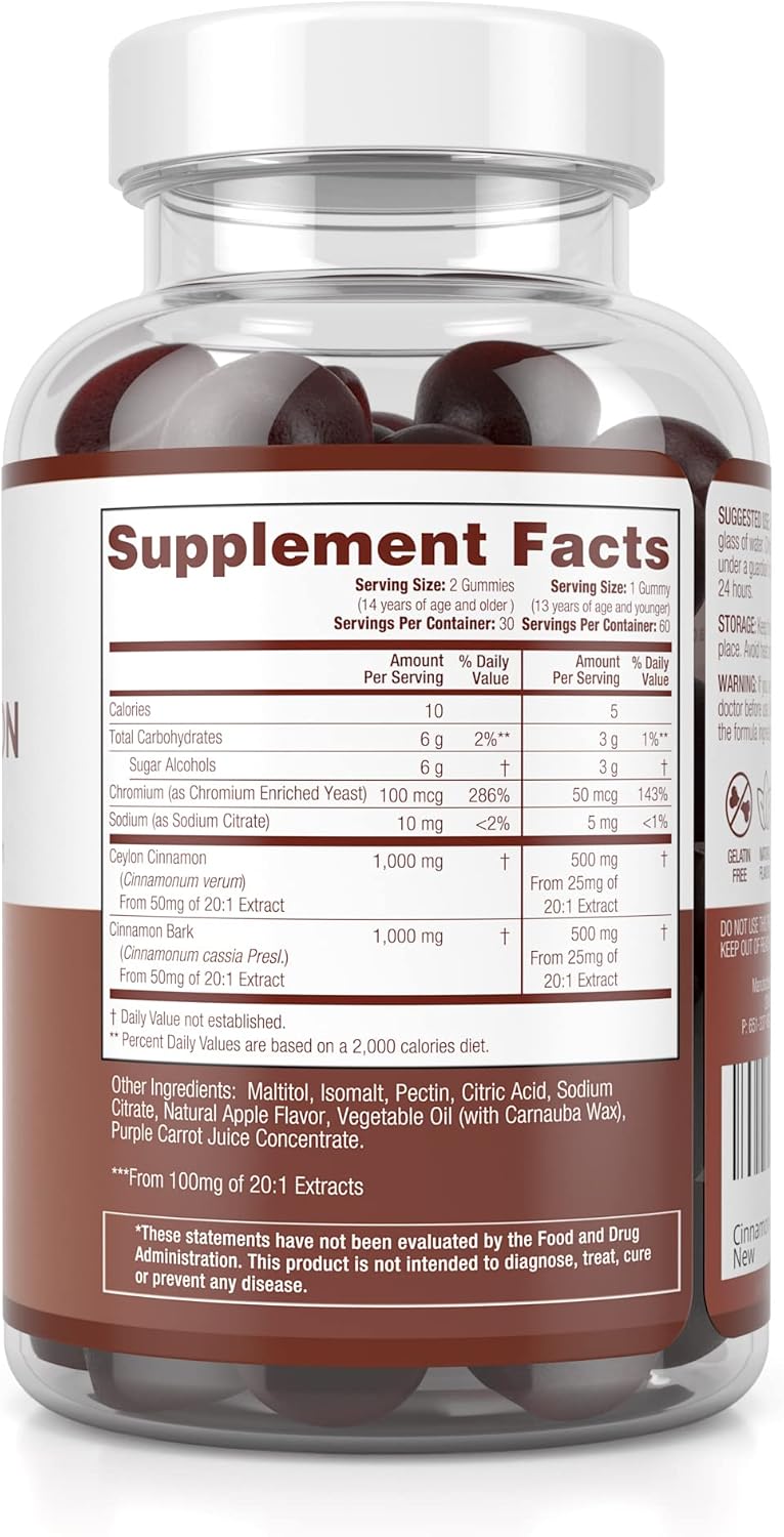 Sugar-Free Ceylon Cinnamon Gummies (2,000mg/Serving) – Vegan, Gluten-Free Herbal Supplement – Replace Cinnamon Capsules, Pills & Powders – 60 Chews