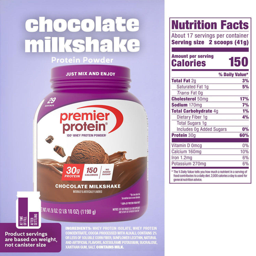 Premier Protein Powder, Vanilla Milkshake, 30g Protein, 1g Sugar, 100% Whey Protein, Keto Friendly, No Soy, Gluten Free, 23.3 oz, 17 Servings (Packaging May Vary)