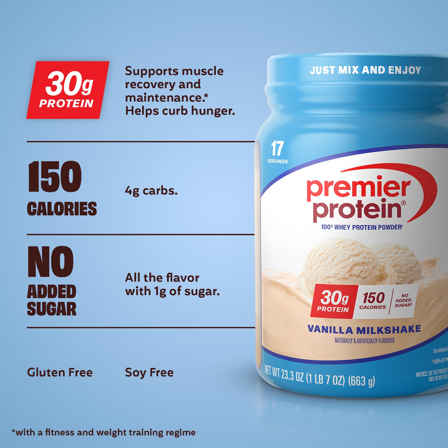 Premier Protein Powder, Vanilla Milkshake, 30g Protein, 1g Sugar, 100% Whey Protein, Keto Friendly, No Soy, Gluten Free, 23.3 oz, 17 Servings (Packaging May Vary)