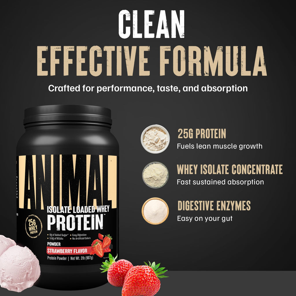 Animal Whey Isolate Protein Powder - Loaded for Pre & Post Workout Muscle Builder and Recovery with Digestive Enzymes for Men & Women - 25g Protein, Great Taste, Low Sugar - Strawberry 4 lbs