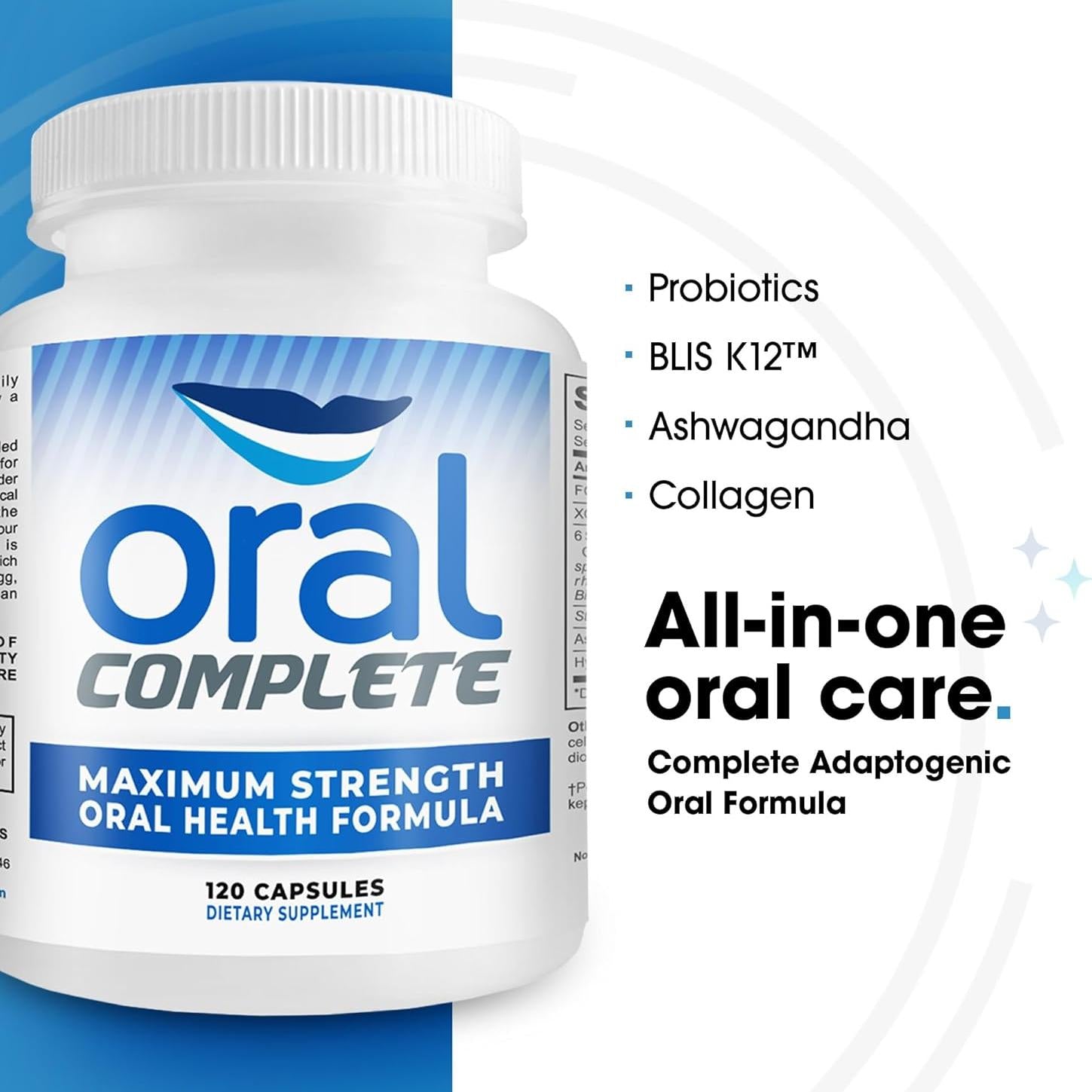 Oral Complete 11-in-1 Dental Probiotics, Bad Breath Treatment Halitosis Tonsil Stone with Non-GMO with BLIS K12, Ashwagandha and Collagen, 120 Capsules