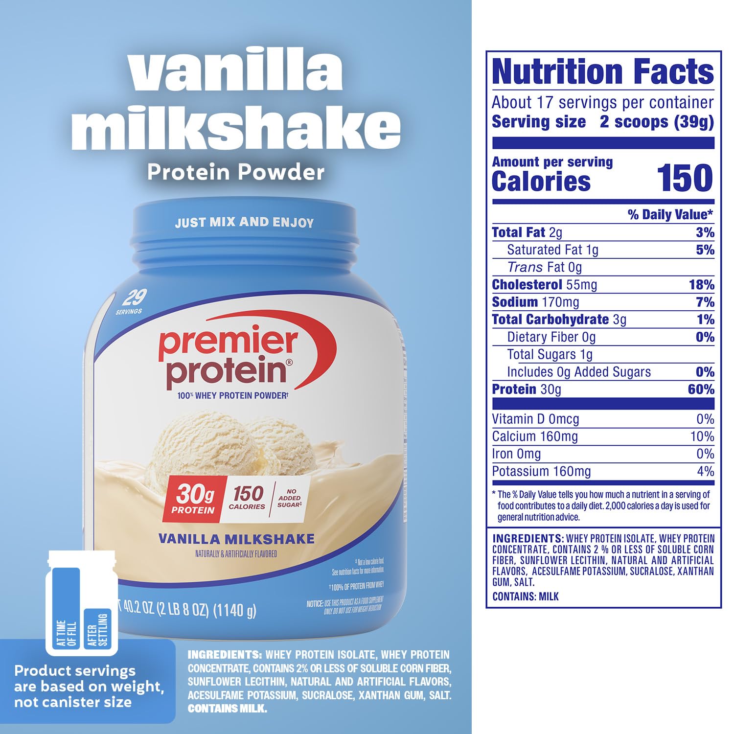 Premier Protein Powder, Vanilla Milkshake, 30g Protein, 1g Sugar, 100% Whey Protein, Keto Friendly, No Soy, Gluten Free, 23.3 oz, 17 Servings (Packaging May Vary)