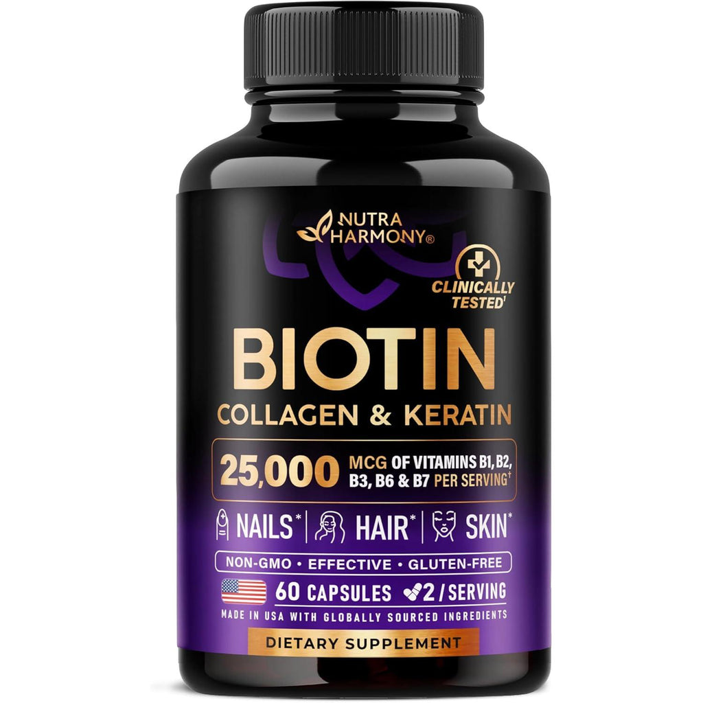 Biotin | Collagen | Hyaluronic Acid | Keratin - Clinically Tested Supplement** - Hair Growth Support, Skin & Nails - 25000mcg Vitamins B1, B2, B3, B6 & B7 - for Women & Men - Made in USA | 60 Capsules