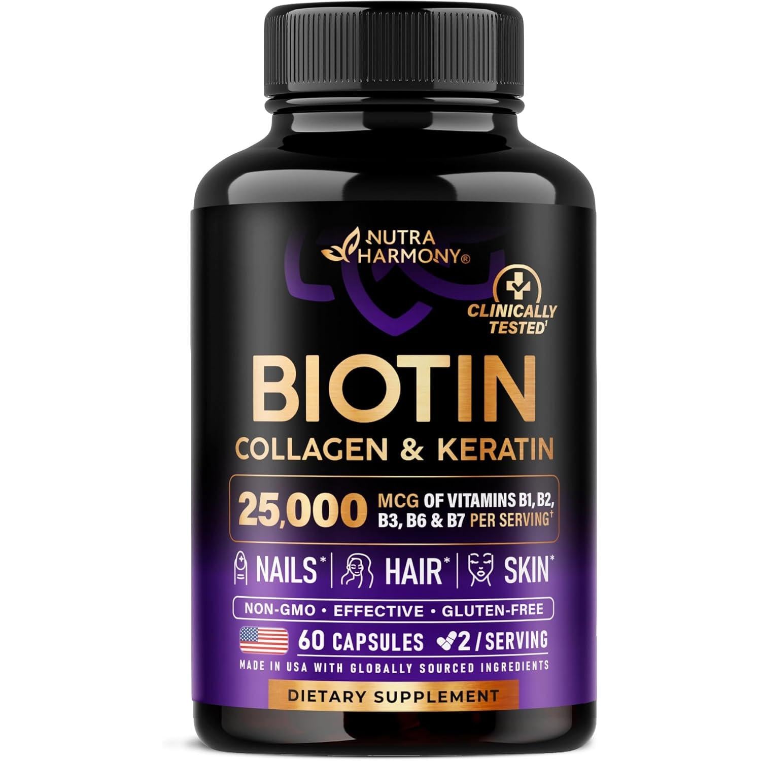 Biotin | Collagen | Hyaluronic Acid | Keratin - Clinically Tested Supplement** - Hair Growth Support, Skin & Nails - 25000mcg Vitamins B1, B2, B3, B6 & B7 - for Women & Men - Made in USA | 60 Capsules