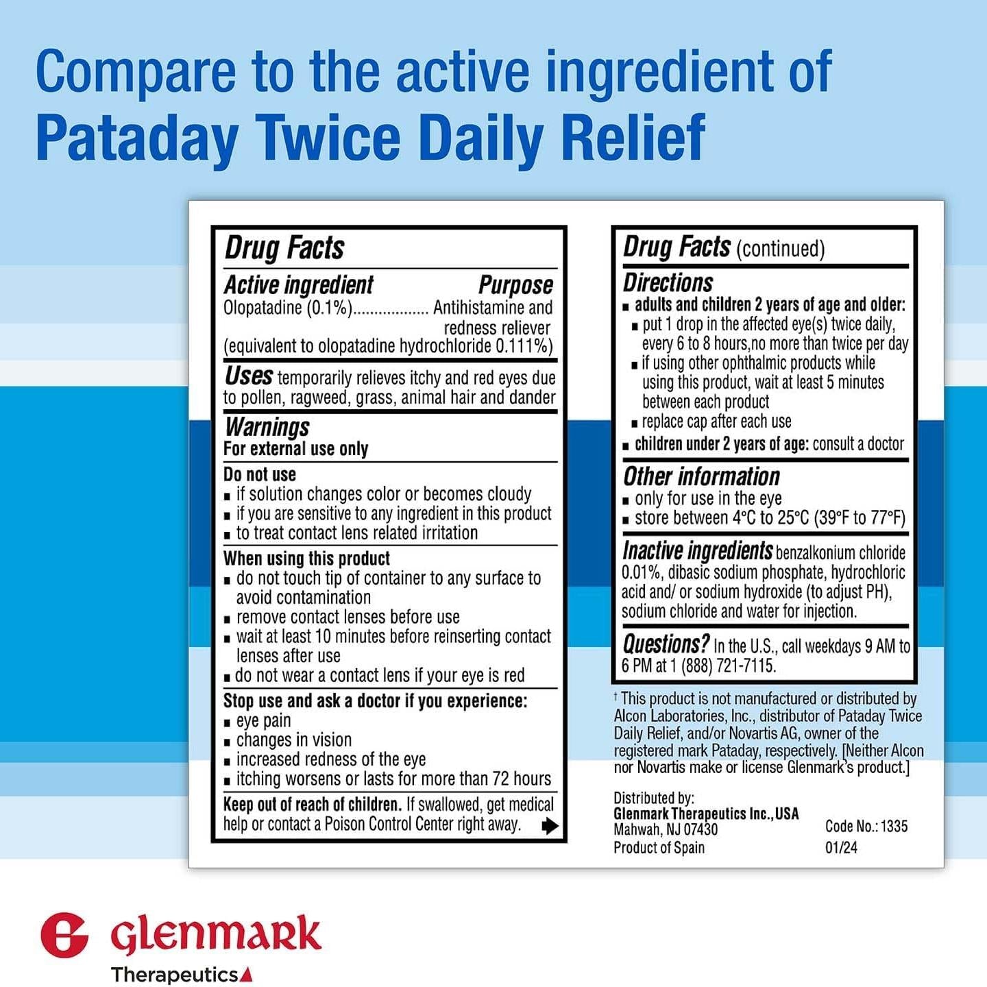 Glenmark Therapeutics Olopatadine Eye Drops for Allergies, Redness Relief, Antihistamine Eye Drops, Allergy Relief from Pet Dander, Pollen, Grass, Ragweed, Works in Minutes, Olopatadine HCl 0.1%, 5ml