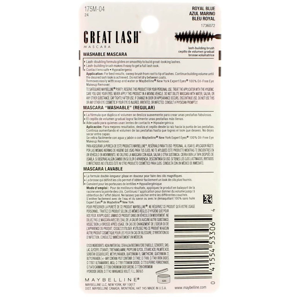 Maybelline Great Lash Washable Mascara Makeup, Volumizing Lash-Doubling Formula That Conditions As It Thickens, Blackest Black, 1 Count