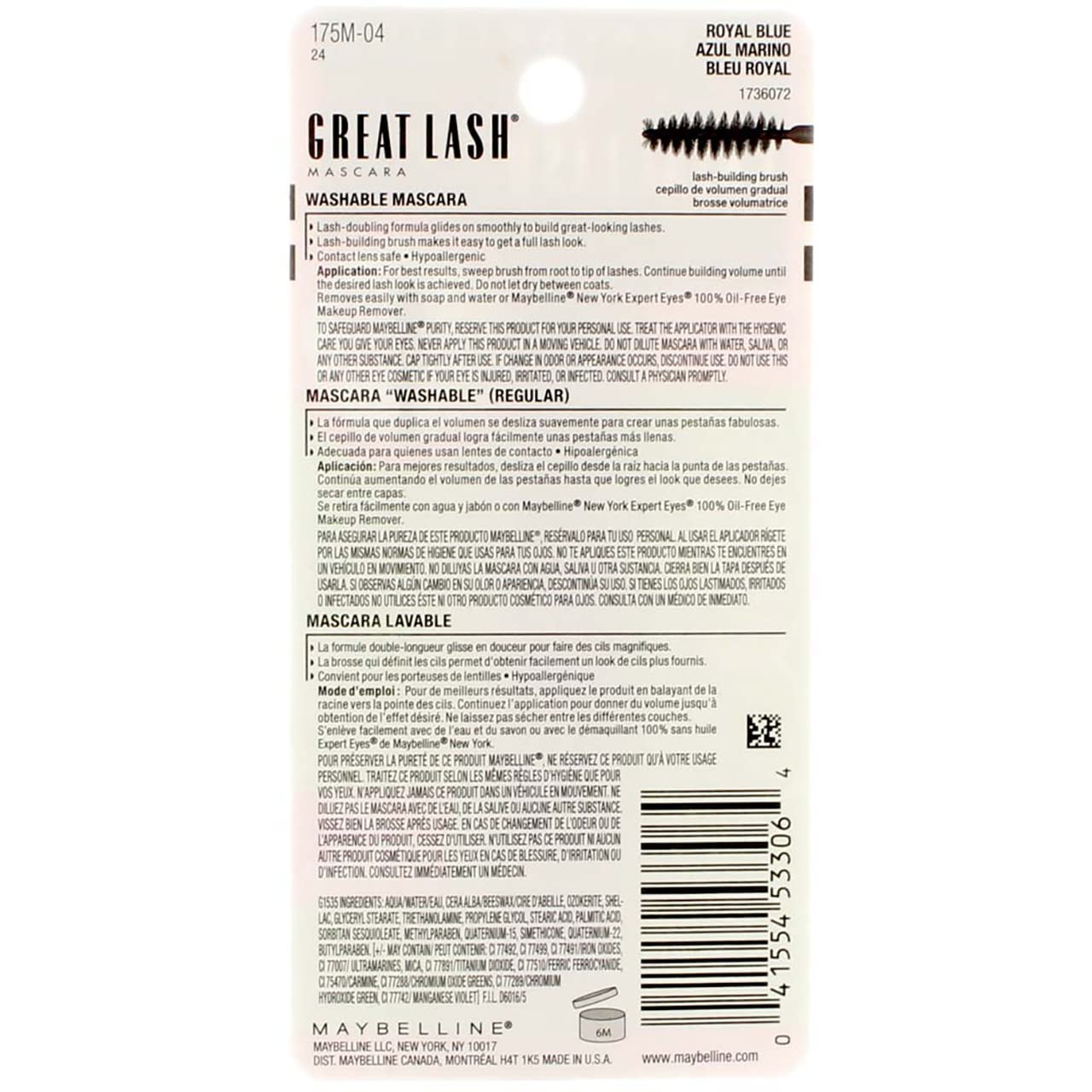 Maybelline Great Lash Washable Mascara Makeup, Volumizing Lash-Doubling Formula That Conditions As It Thickens, Blackest Black, 1 Count