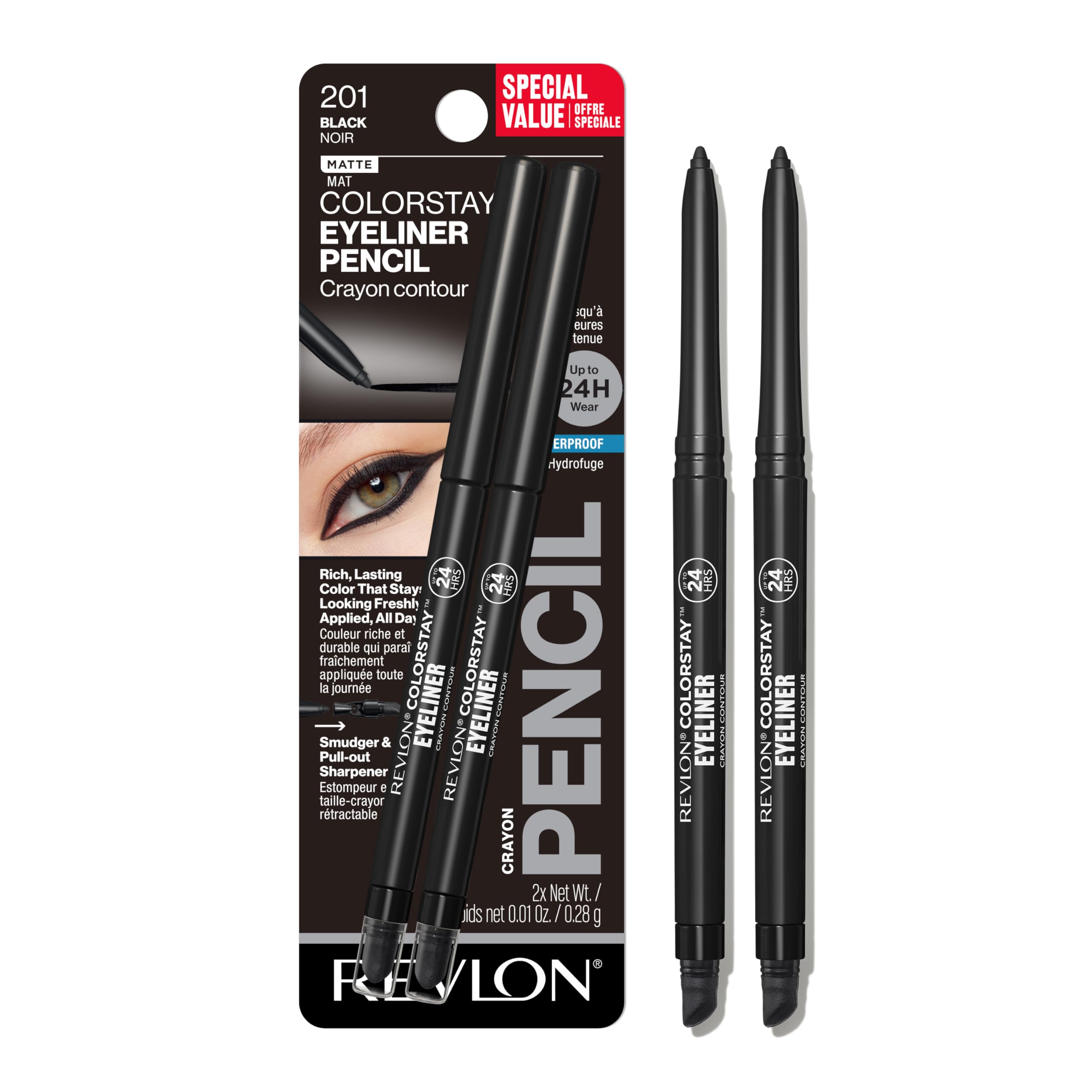 Revlon ColorStay Pencil Waterproof Eyeliner, Smudge-Proof, Eye Makeup with Built-In Sharpener, Stocking Stuffer for Women, 202 Black Brown, 0.01 oz