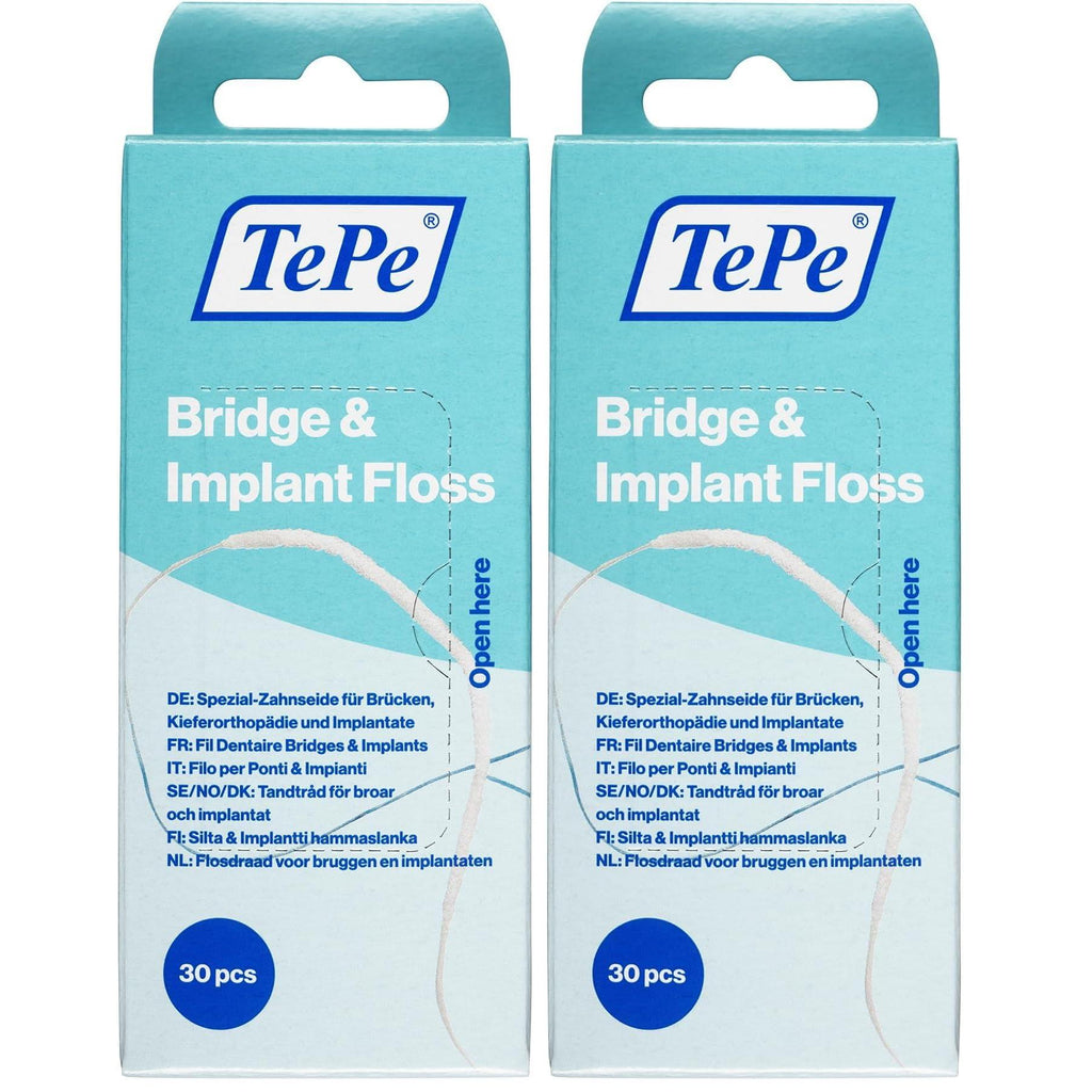 TePe Bridge and Implant Floss for Dental Implants, Bridges, and Braces, Dental Flossers, 30 Pieces