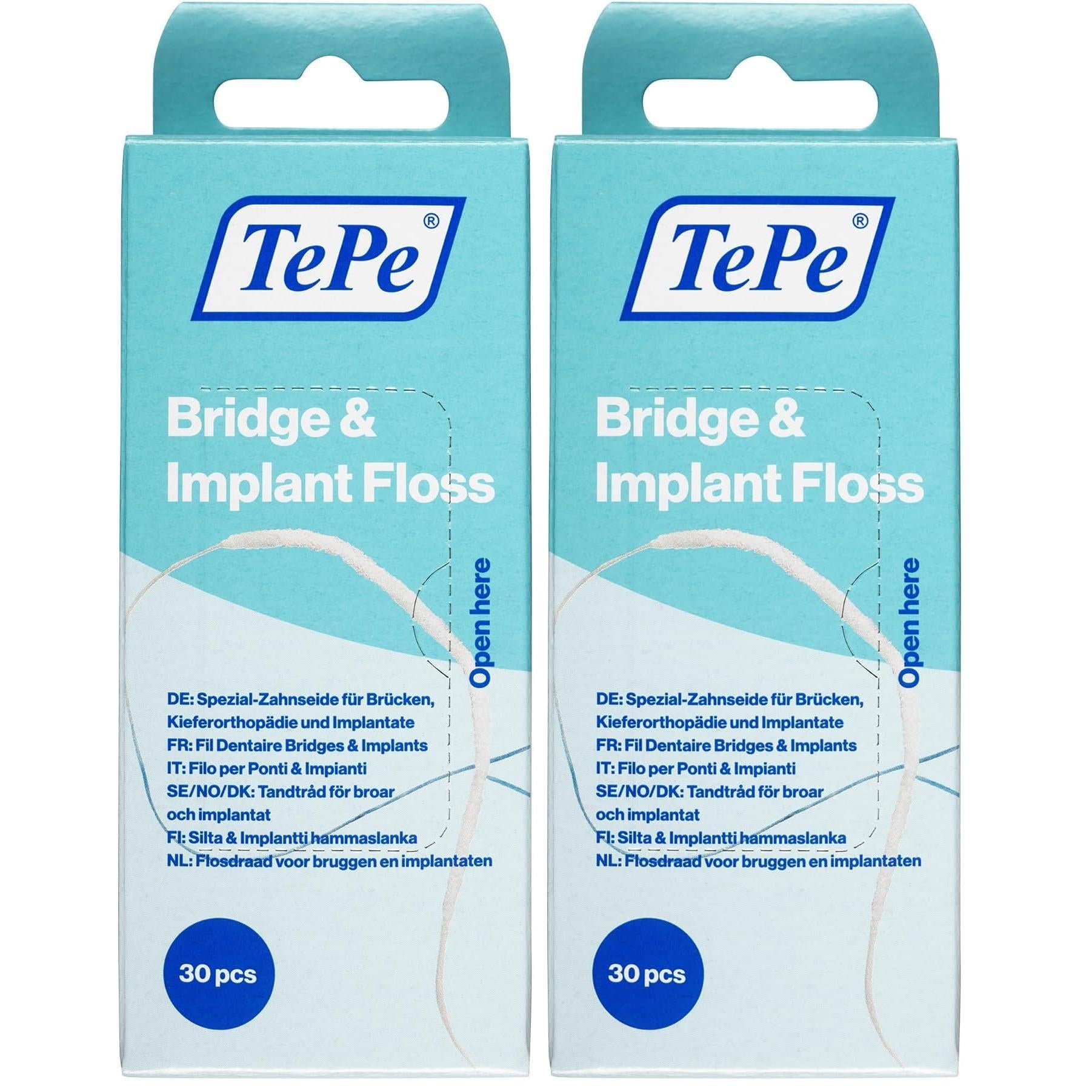 TePe Bridge and Implant Floss for Dental Implants, Bridges, and Braces, Dental Flossers, 30 Pieces