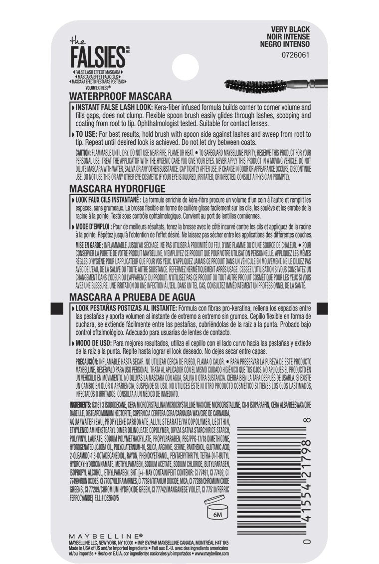 Maybelline Volum' Express The Falsies Waterproof Mascara, Volumizing and Separating Make Up Formula, Very Black, 1 Count