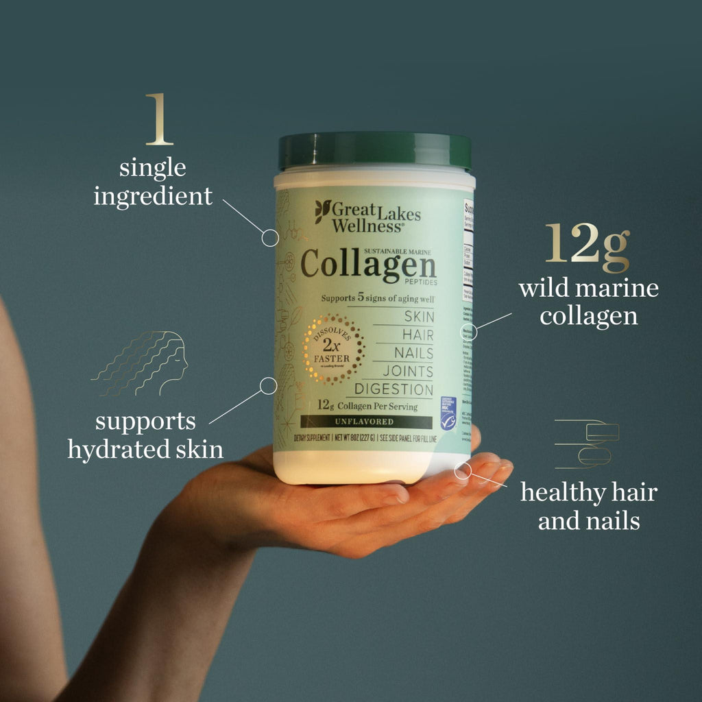 Great Lakes Wellness Sustainable Marine Collagen Peptides Powder for Skin, Hair, Nails, Joints & Digestion - Unflavored - Quick Dissolve Hydrolyzed, Wild Caught, MSC Certified, Non-GMO, Kosher - 8 oz