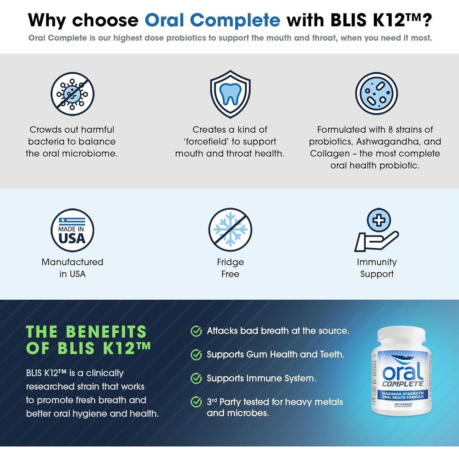Oral Complete 11-in-1 Dental Probiotics, Bad Breath Treatment Halitosis Tonsil Stone with Non-GMO with BLIS K12, Ashwagandha and Collagen, 120 Capsules
