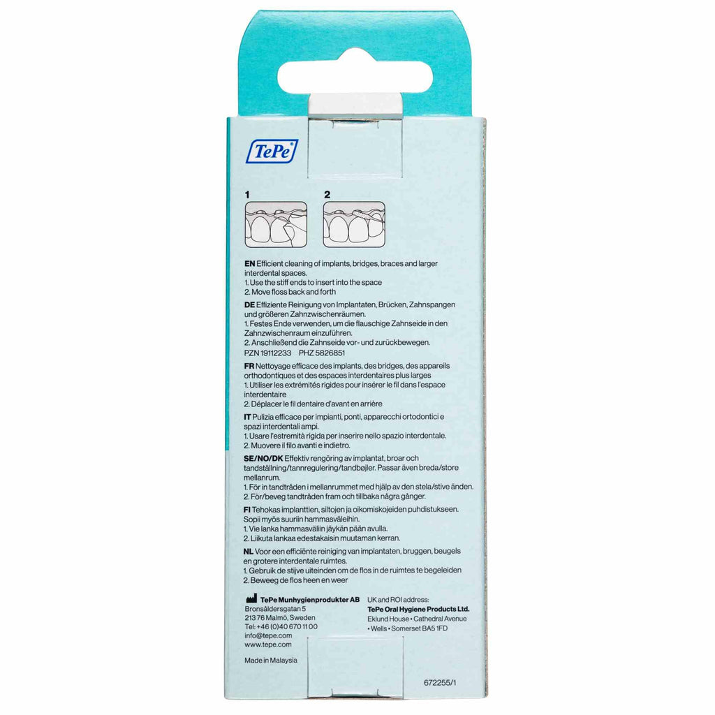 TePe Bridge and Implant Floss for Dental Implants, Bridges, and Braces, Dental Flossers, 30 Pieces