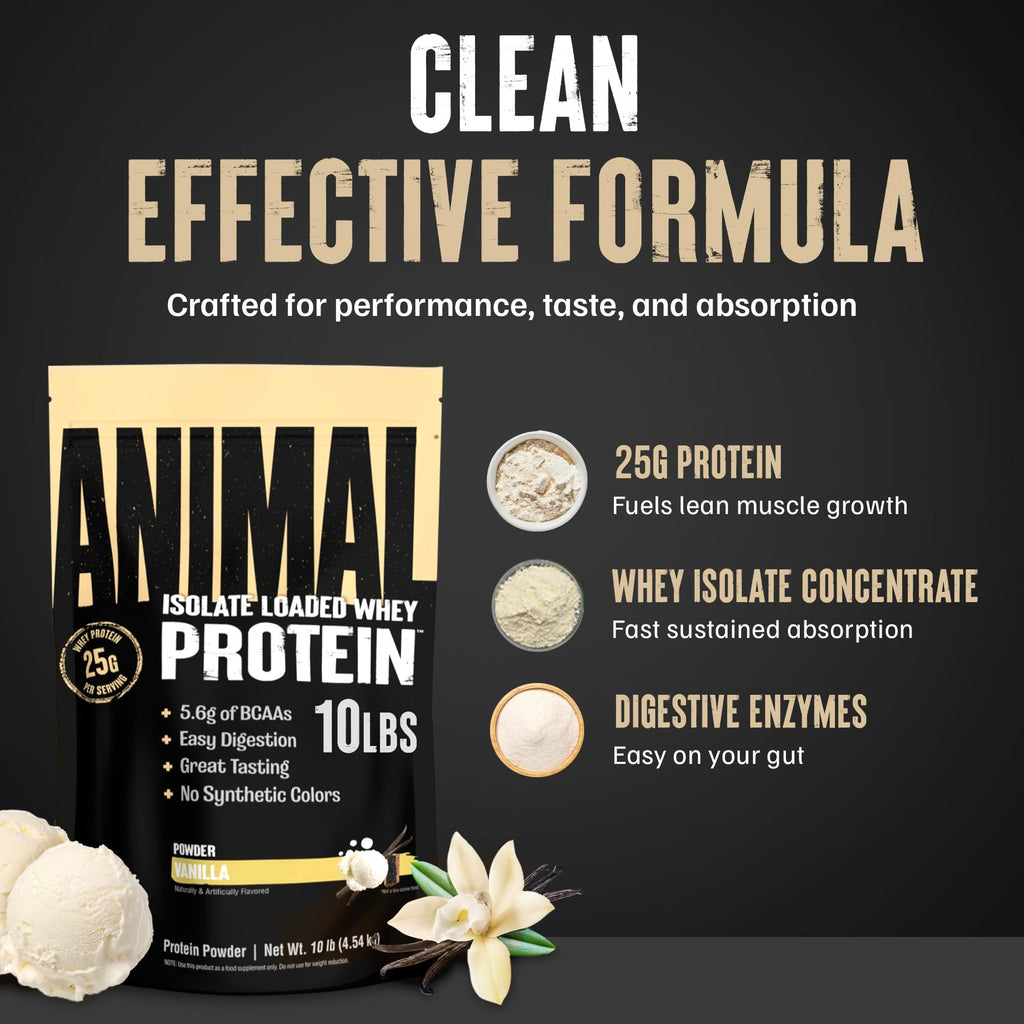 Animal Whey Isolate Protein Powder - Loaded for Pre & Post Workout Muscle Builder and Recovery with Digestive Enzymes for Men & Women - 25g Protein, Great Taste, Low Sugar - Strawberry 4 lbs