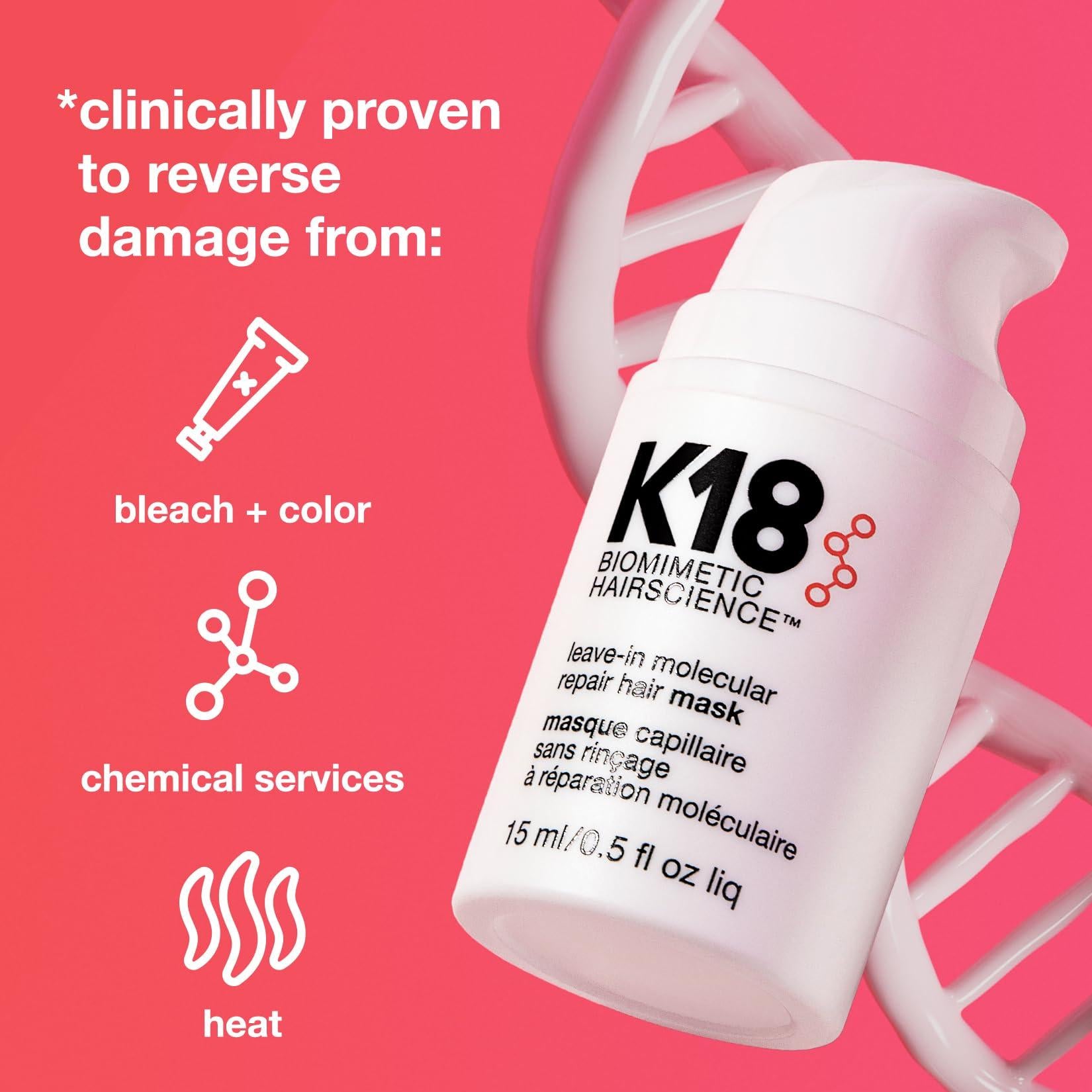 K18 Leave-In Molecular Hair Mask, Repairs Dry or Damaged Hair, Reverse Hair Damage from Bleach, Color, Chemical Services & Heat