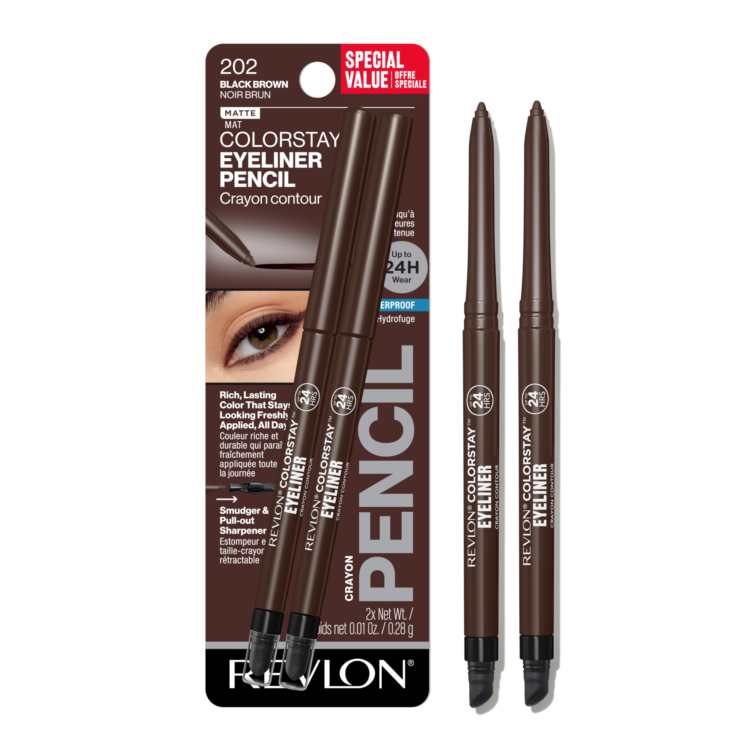 Revlon ColorStay Pencil Waterproof Eyeliner, Smudge-Proof, Eye Makeup with Built-In Sharpener, Stocking Stuffer for Women, 202 Black Brown, 0.01 oz