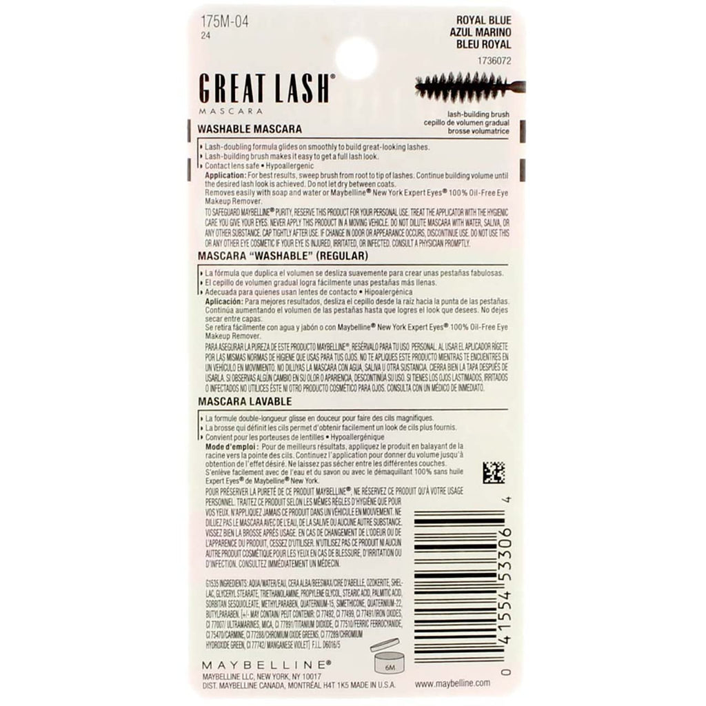 Maybelline Great Lash Washable Mascara Makeup, Volumizing Lash-Doubling Formula That Conditions As It Thickens, Blackest Black, 1 Count