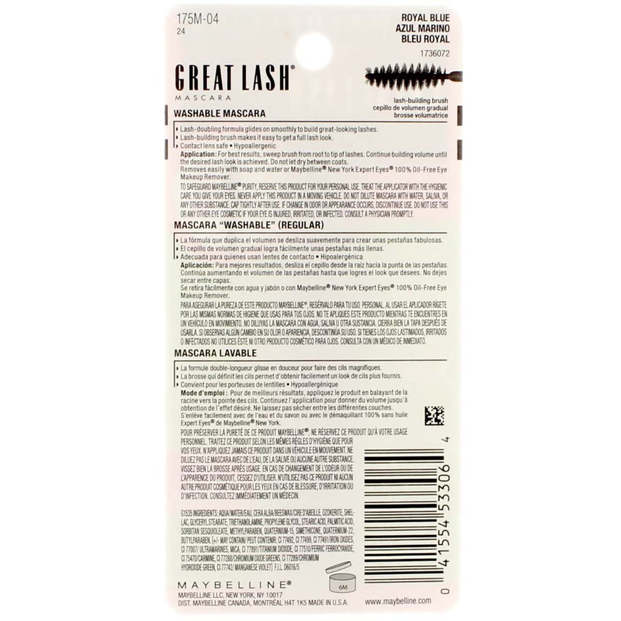 Maybelline Great Lash Washable Mascara Makeup, Volumizing Lash-Doubling Formula That Conditions As It Thickens, Blackest Black, 1 Count